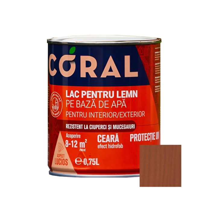 Lac pentru lemn, Coral, pe baza de apa, interior - exterior, 0.75 L culoare teak