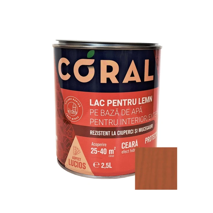 Lac pentru lemn, Coral, pe baza de apa, interior - exterior, 2.5 L culoare alun