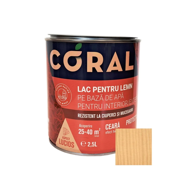 Lac pentru lemn, Coral, pe baza de apa, interior - exterior, 2.5 L culoare incolor