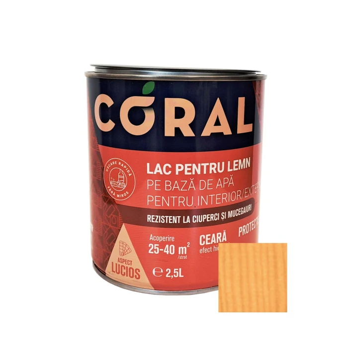 Lac pentru lemn, Coral, pe baza de apa, interior - exterior, 2.5 L culoare pin