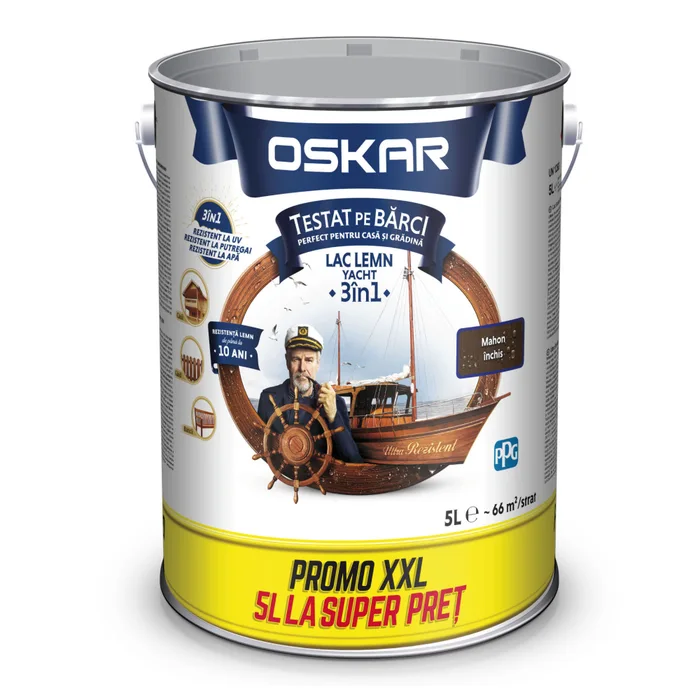 Lac pentru lemn Oskar Yacht 3 in 1, interior / exterior, 5 l, mahon inchis