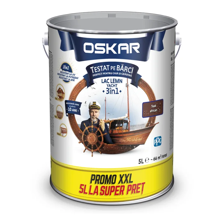 Lac pentru lemn Oskar Yacht 3 in 1, interior / exterior, 5 l, teak african