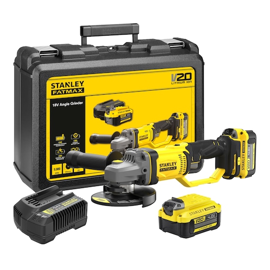 Polizor unghiular fără fir STANLEY FATMAX 2X4AH SFMCG400M2KQW, 9000 rpm, 2 acumulatori