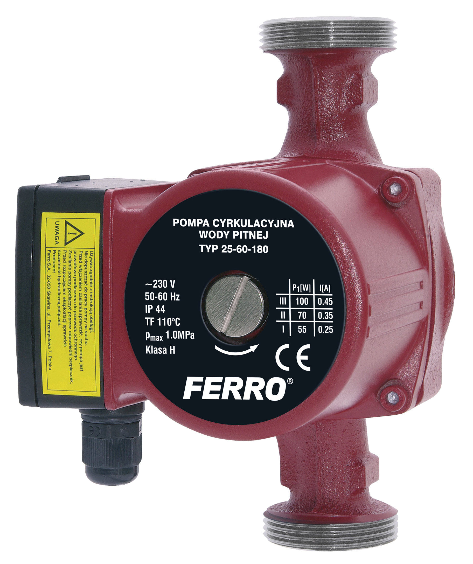 Pompa recirculare Ferro 25-60-180, debit maxim 4,5 m³ h, 100W, 180 mm