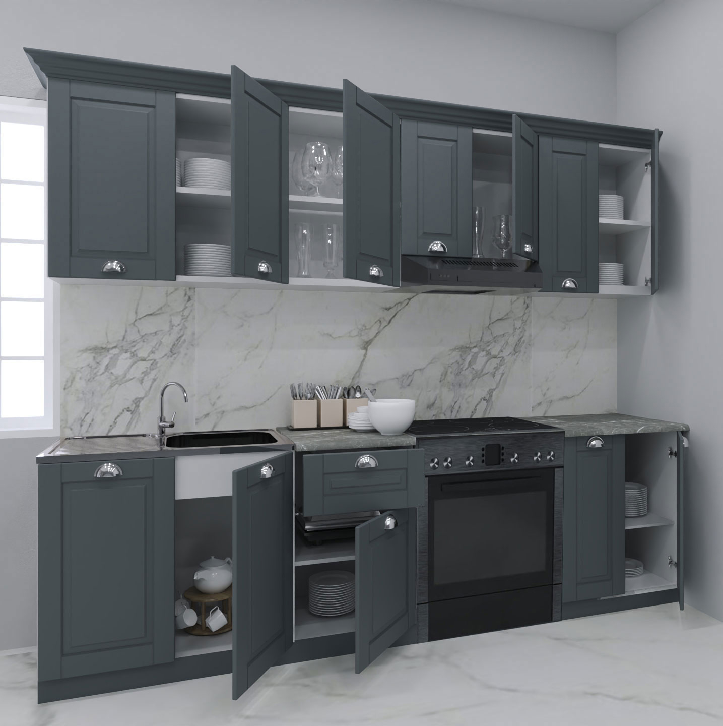 Seturi complete bucatarie - Set bucatarie MDF Square, 240 cm, antracit, olint.ro