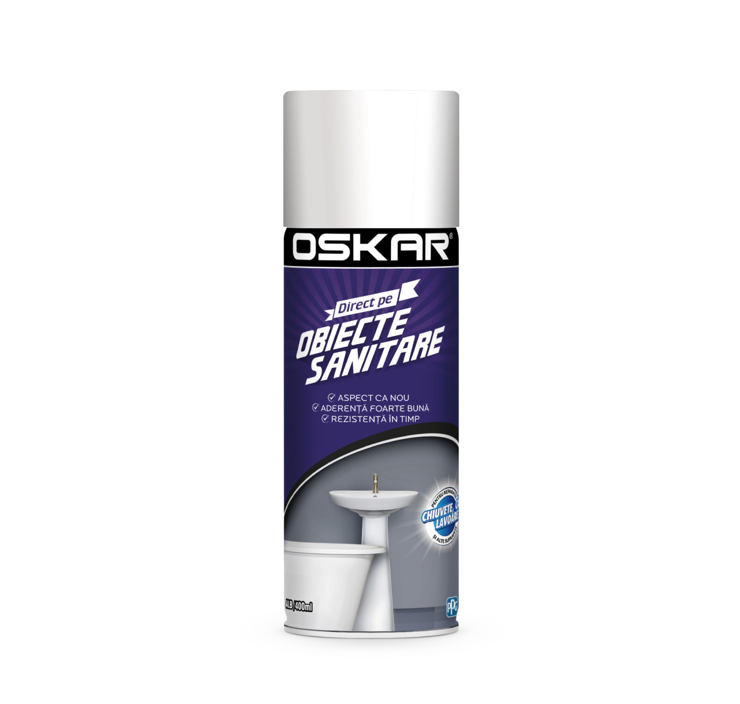 Spray cu vopsea, Oskar Direct pe obiecte sanitare, culoare alba, 400 ml