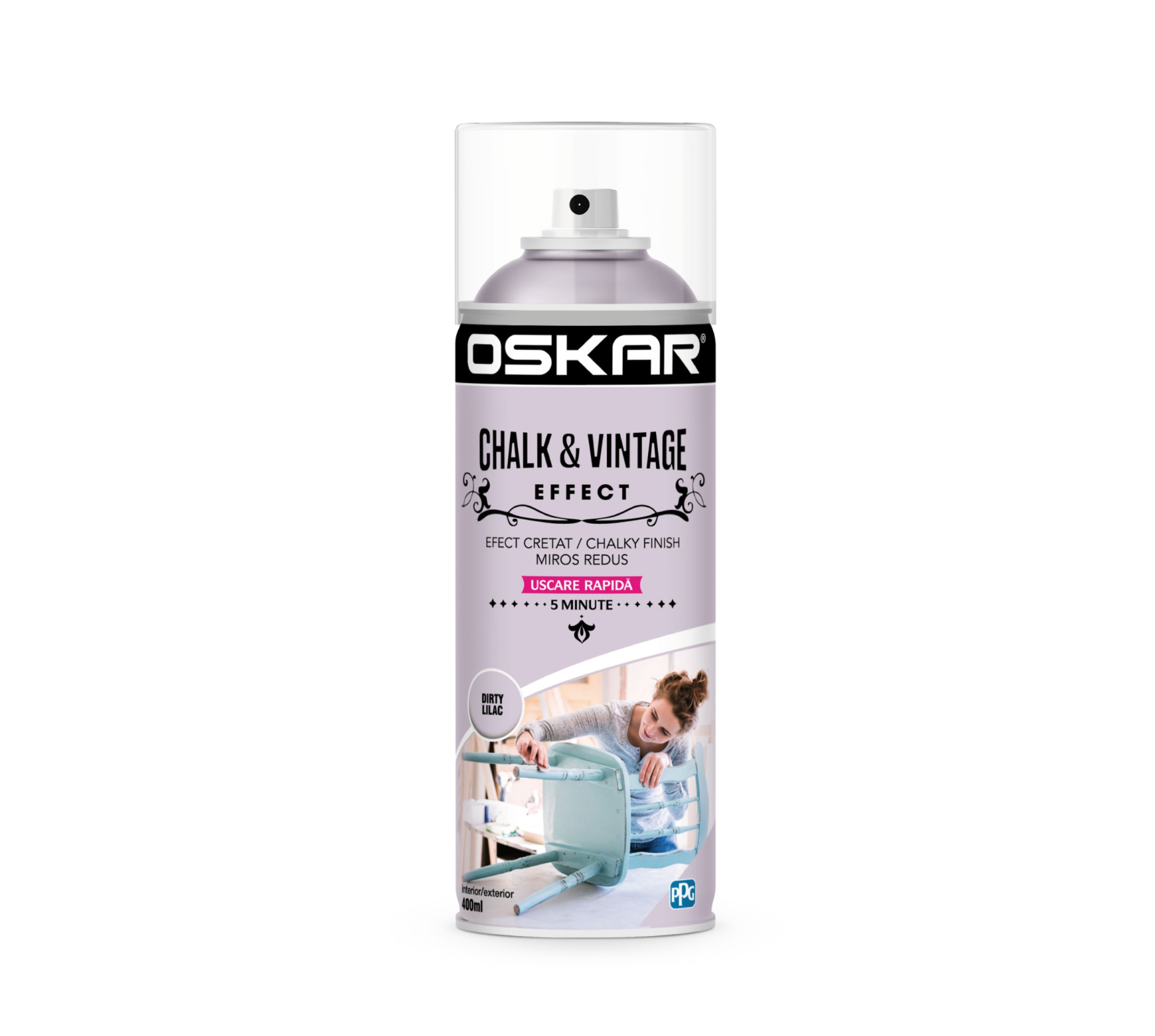 Spray cu vopsea, pentru lemn si metal, Oskar Chalk & Vintage Effect, culoare dirty liliac, 400 ml