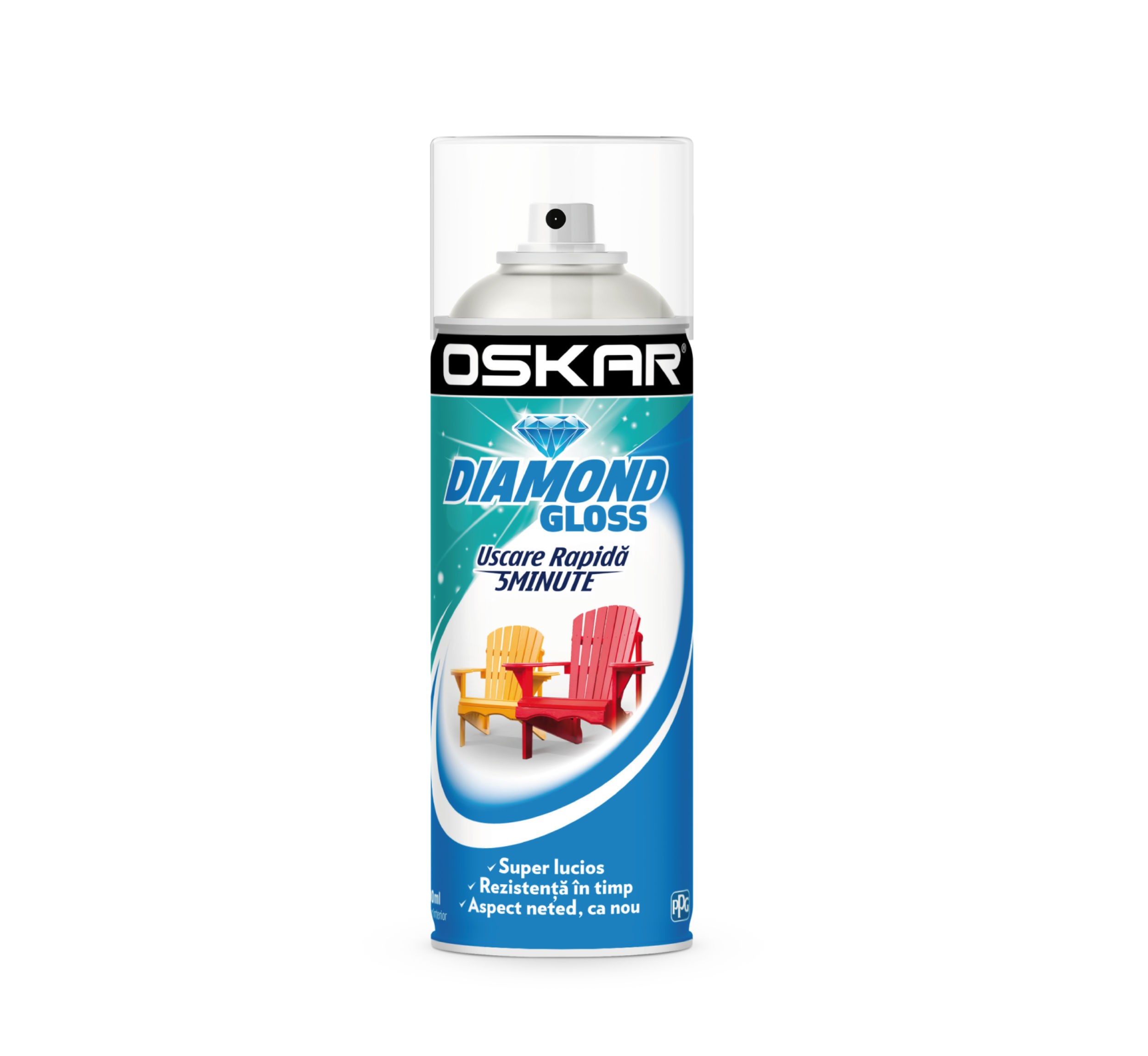 Spray cu vopsea, pentru lemn si metal, Oskar Diamond Gloss, culoare alb, 400 ml