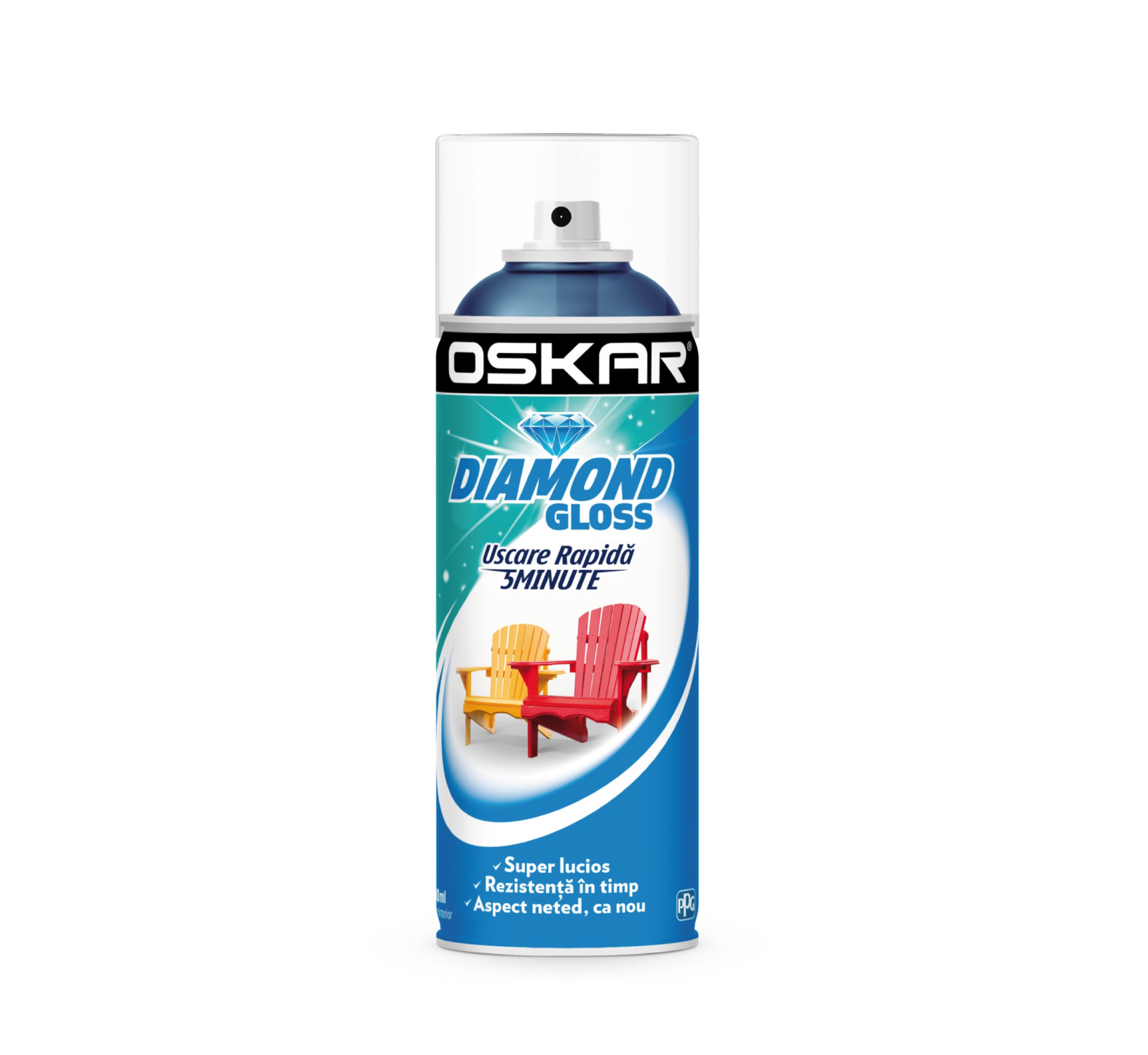 Spray cu vopsea, pentru lemn si metal, Oskar Diamond Gloss, culoare albastru intens, 400 ml