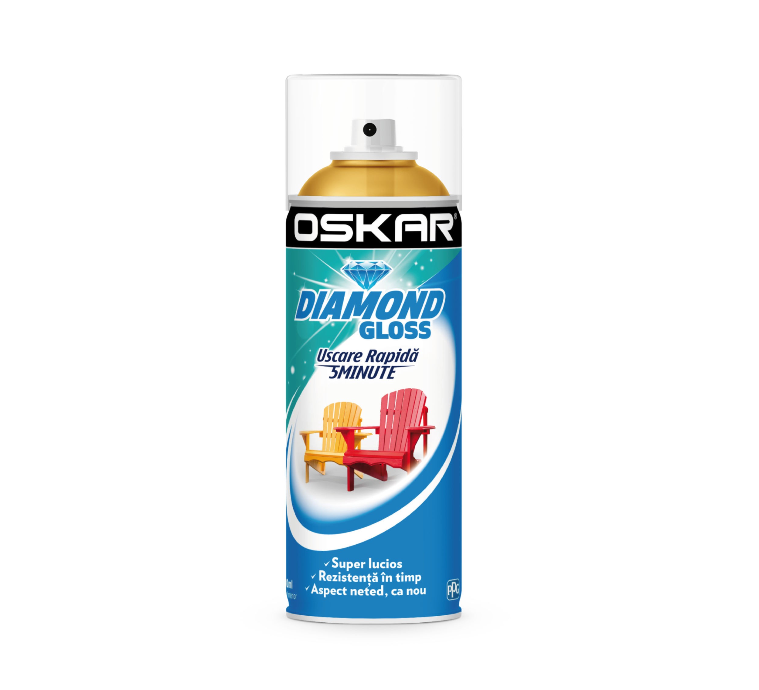 Spray cu vopsea, pentru lemn si metal, Oskar Diamond Gloss, culoare galben, 400 ml