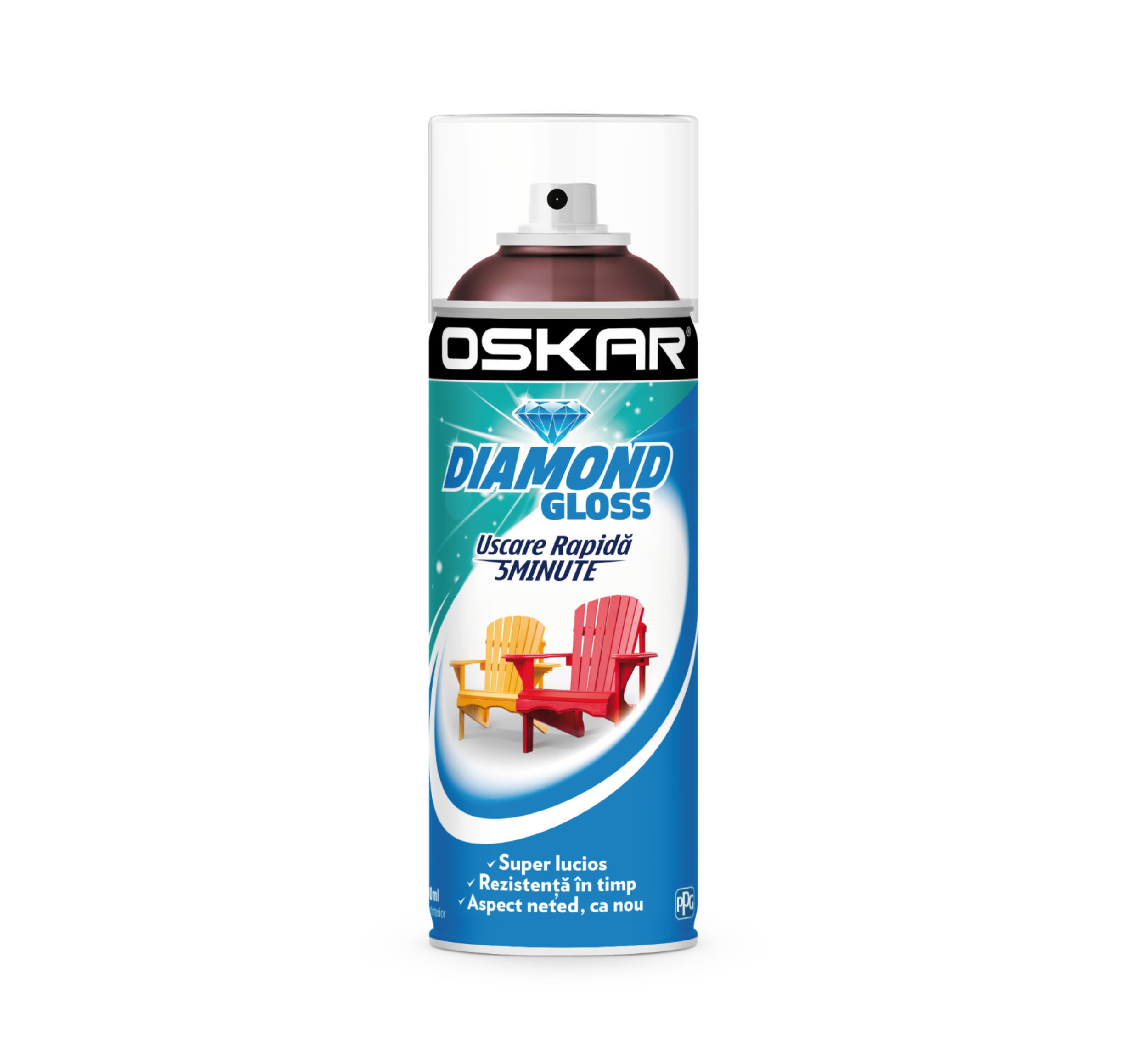 Spray cu vopsea, pentru lemn si metal, Oskar Diamond Gloss, culoare rosu visiniu, 400 ml
