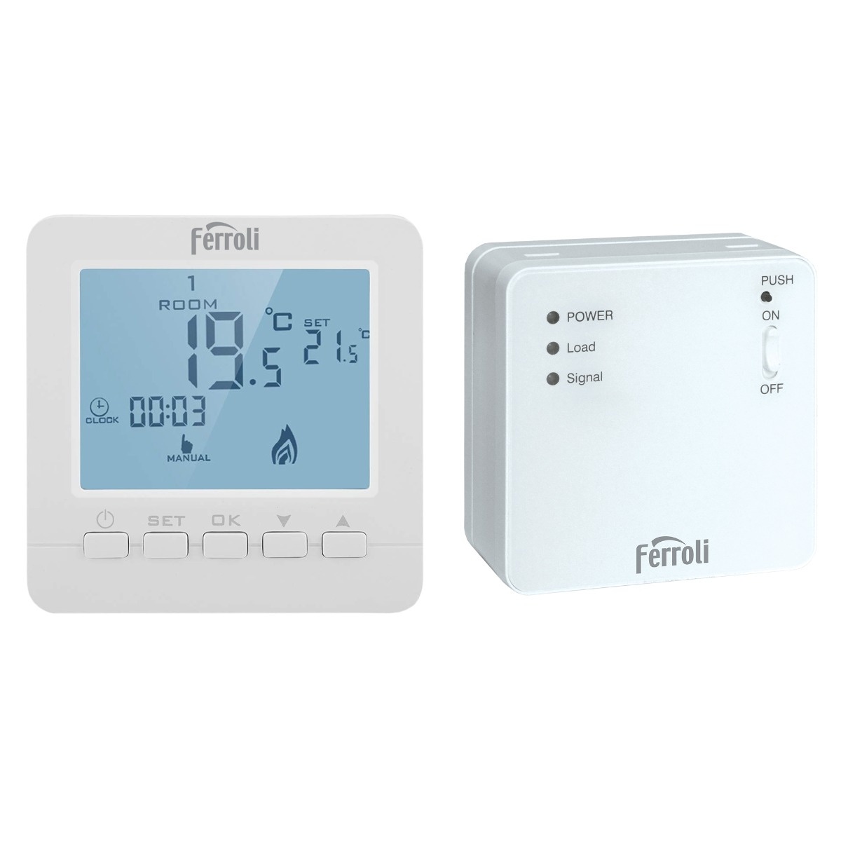 Termostat digital Ferroli FER 205, fara fir, neprogramabil, afisaj LCD, receptor RF