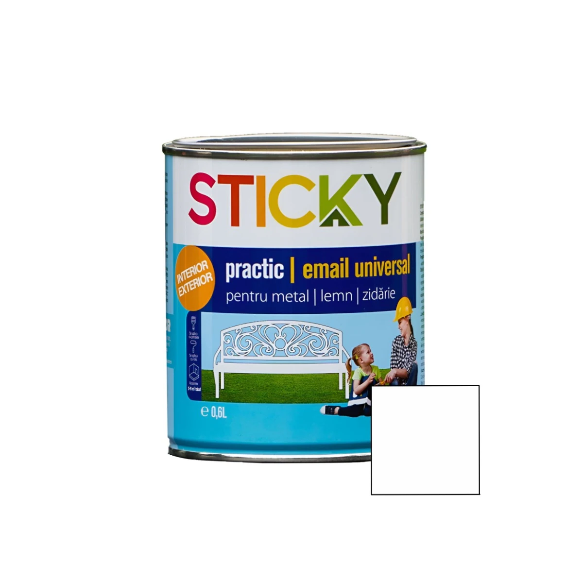 Vopsea alchidica pentru lemn sau metal, Sticky Practic, interior-exterior, alb, 0.6 L