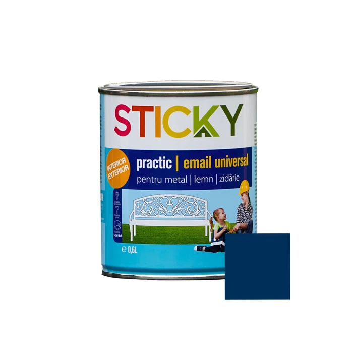 Vopsea alchidica pentru lemn sau metal, Sticky Practic, interior-exterior, albastru, 0.6 L
