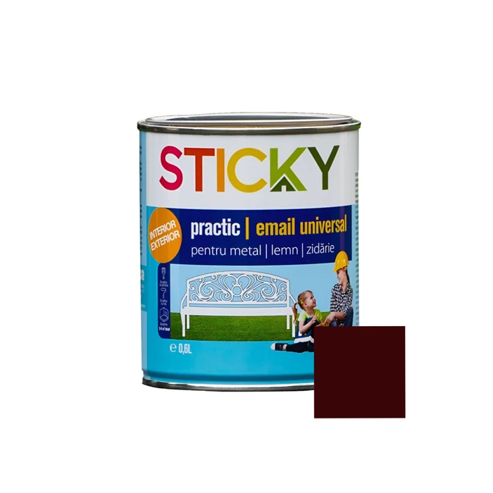 Vopsea alchidica pentru lemn sau metal, Sticky Practic, interior-exterior, maro, 0.6 L