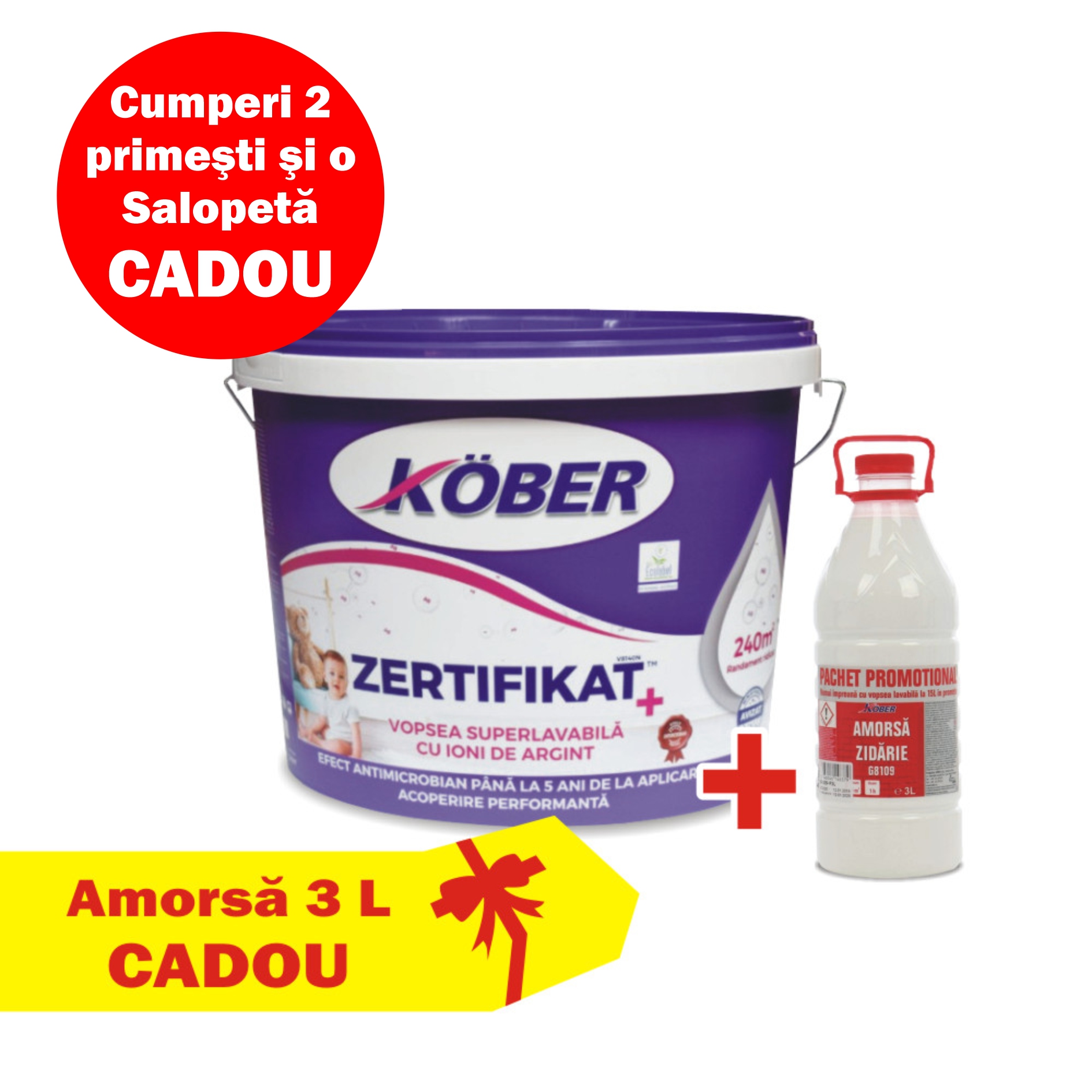 Vopsea lavabila, interior, Kober Zertifikat Plus 15 L + Amorsa 3 L Cadou