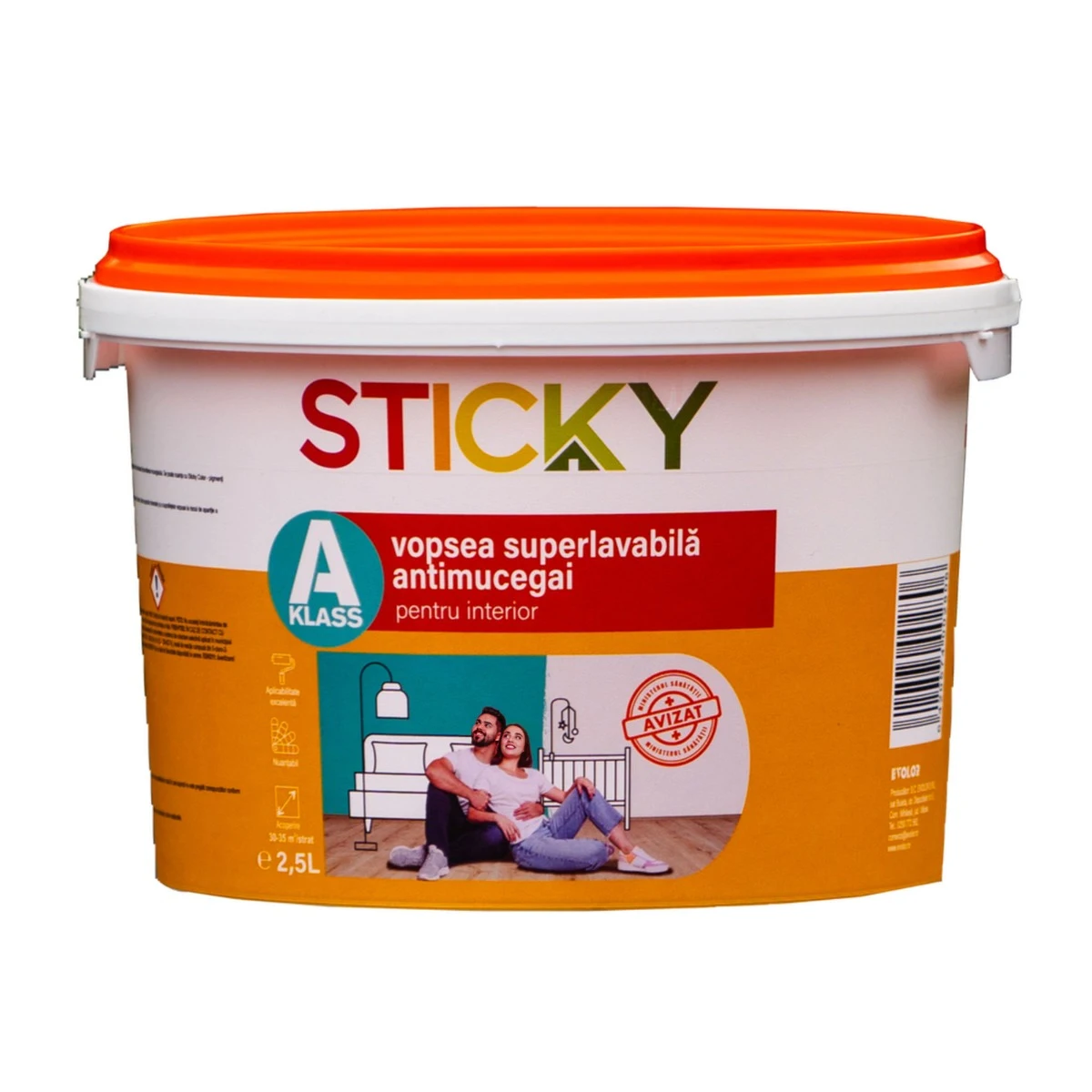 Vopsea lavabila pentru interior, Sticky A Klass, antimucegai, ambalare 2.5 L, culoare alba