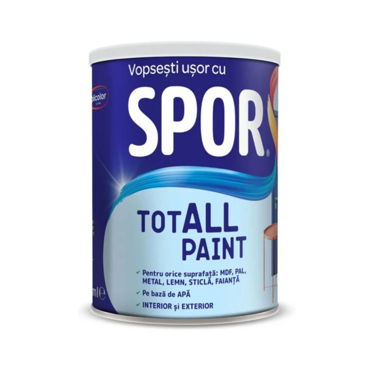 Lacuri & Vopsele - Vopsea pentru lemn, metal si sticla, Spor Totall Paint, pentru interior si exterior, pe baza de apa, ambalare 0,6 L, culoare Alpine, olint.ro