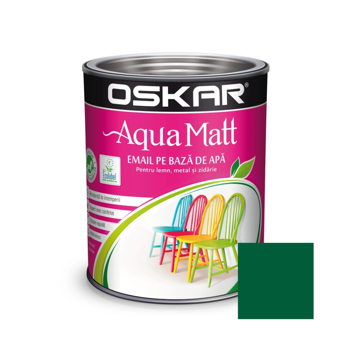 Vopsea pentru lemn si metal Oskar Aqua Matt, culoare verde fresh, ambalare 0.6 L
