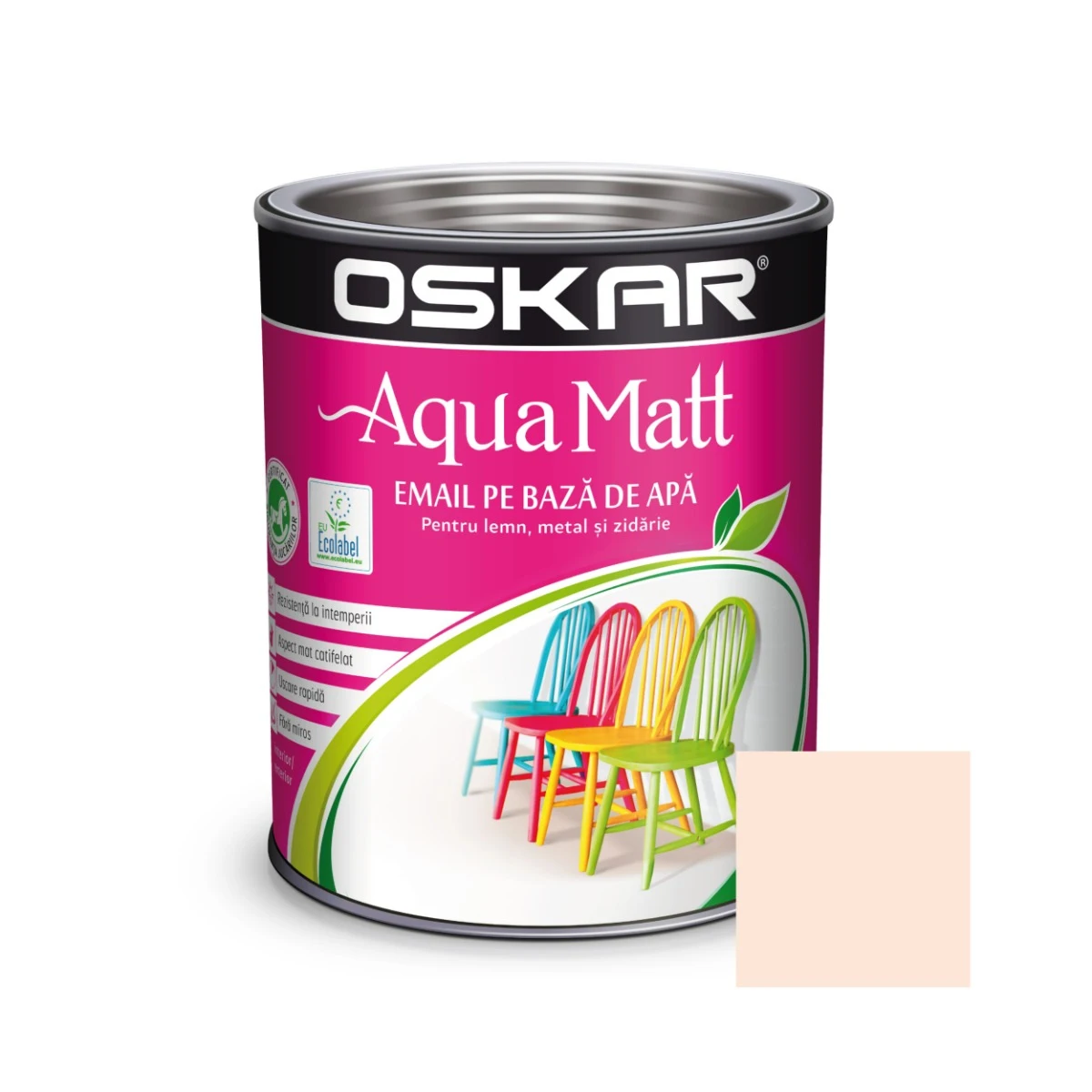 Vopsea pentru lemn si metal Oskar Aqua Matt, culoare Roz Pudrat, ambalare 0.6 L