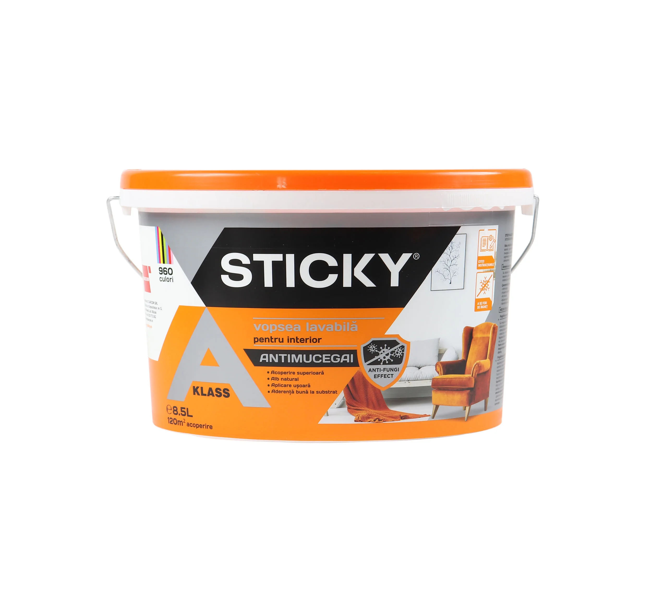 Vopsea lavabila pentru interior, Sticky A Klass, antimucegai, ambalare 8.5 L, culoare alba