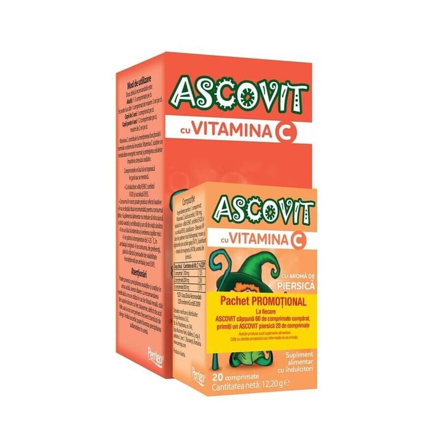 Ascovit cu aroma de capsuna 100 mg 60 comprimate + Ascovit cu aroma de piersica 100 mg 20 comprimate