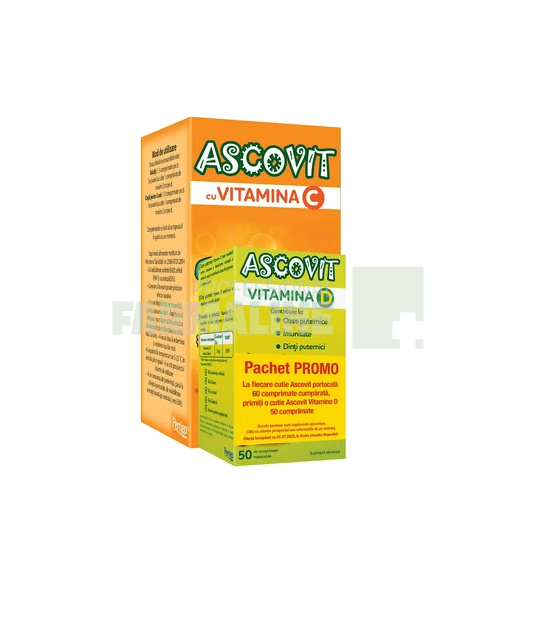 Ascovit cu Vitamina C aroma de portocala 60 comprimate + Ascovit Vitamina D 50 comprimate