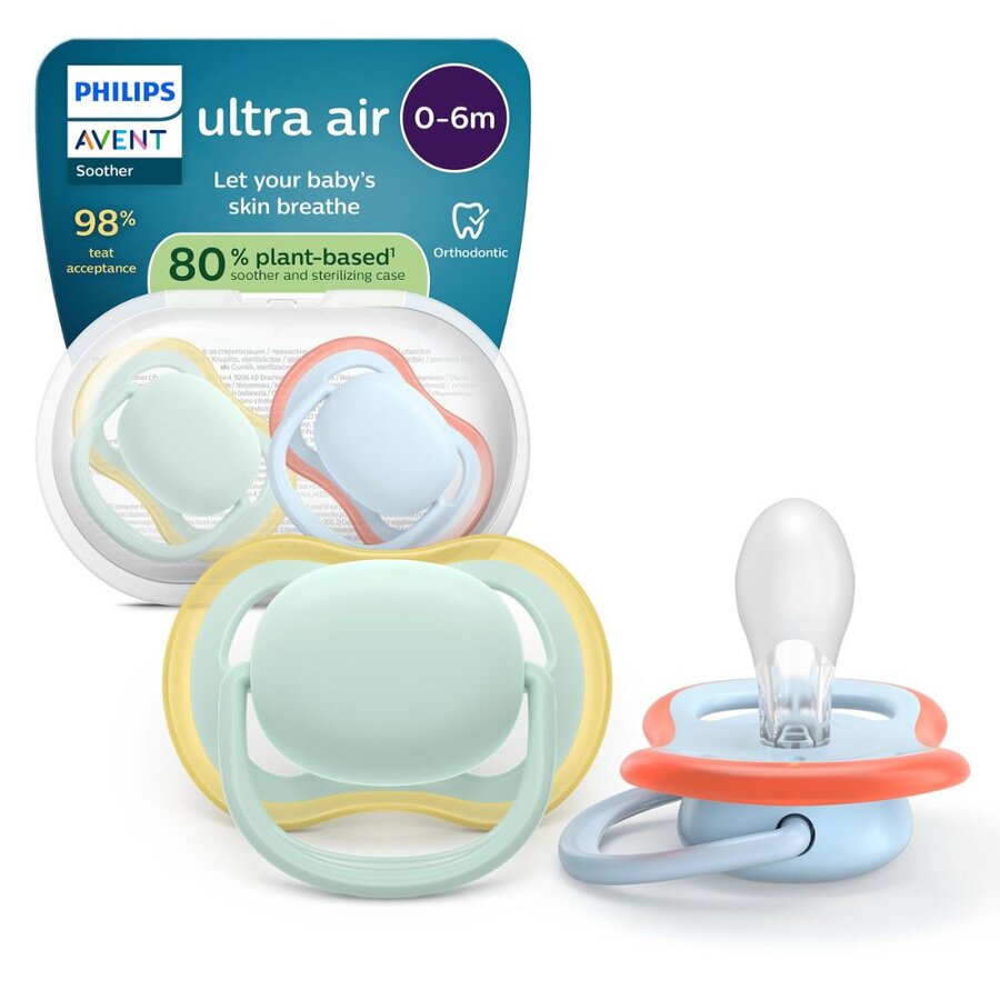 Super Pret Avent SCF087/01 Suzete Ultra Air verde/albastru 0 – 6 luni,  2 bucati - Livrabil Suzete si inele gingivale (dentitie) pfarma.ro