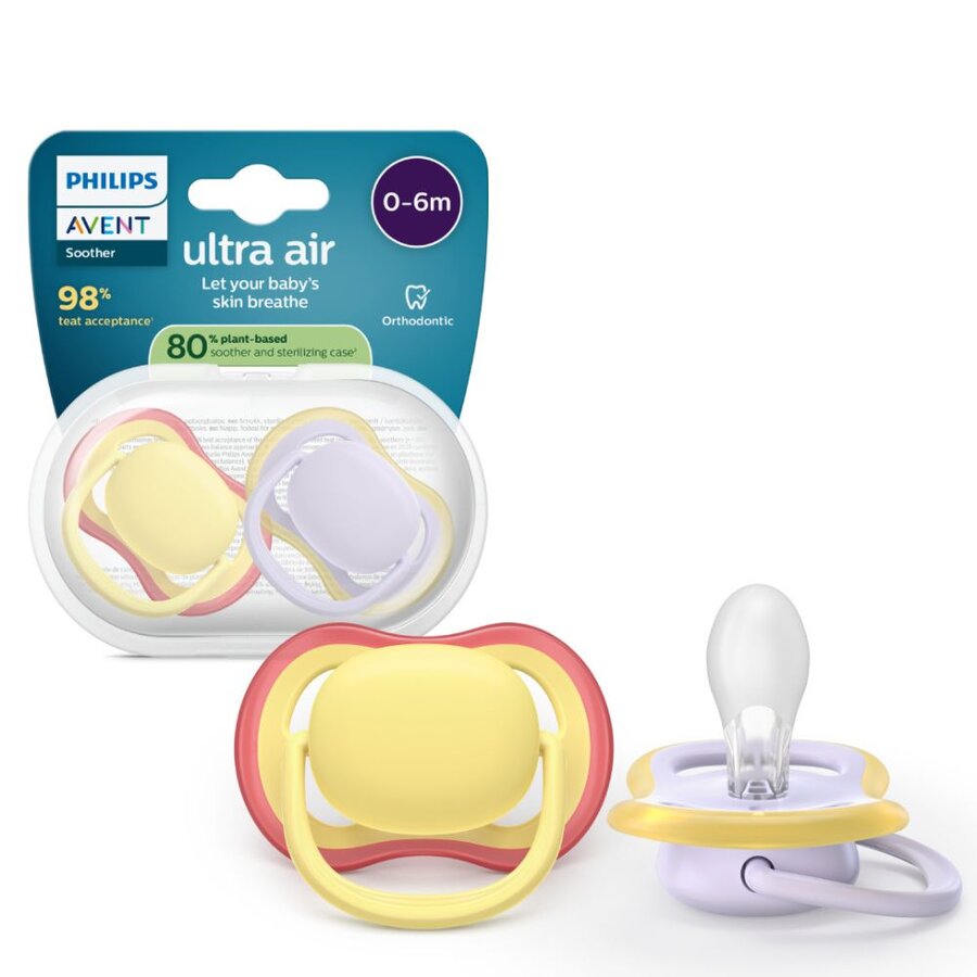 Avent SCF087/03 Suzete Ultra Air galben/mov 0 – 6 luni, 2 bucati Suzete si inele gingivale (dentitie) pfarma.ro