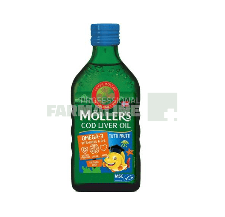 Moller\'s Cod Liver Oil Omega-3 cu aroma de tutti frutti 250 ml