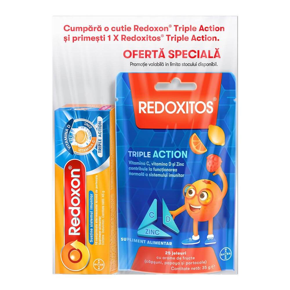 Redoxon Triple Action Vitamine si Zinc pentru sustinerea imunitatii 10 comprimate efervescente + Redoxitos Triple Action, Vitamina C suport imunitar 25 de jeluri gumate