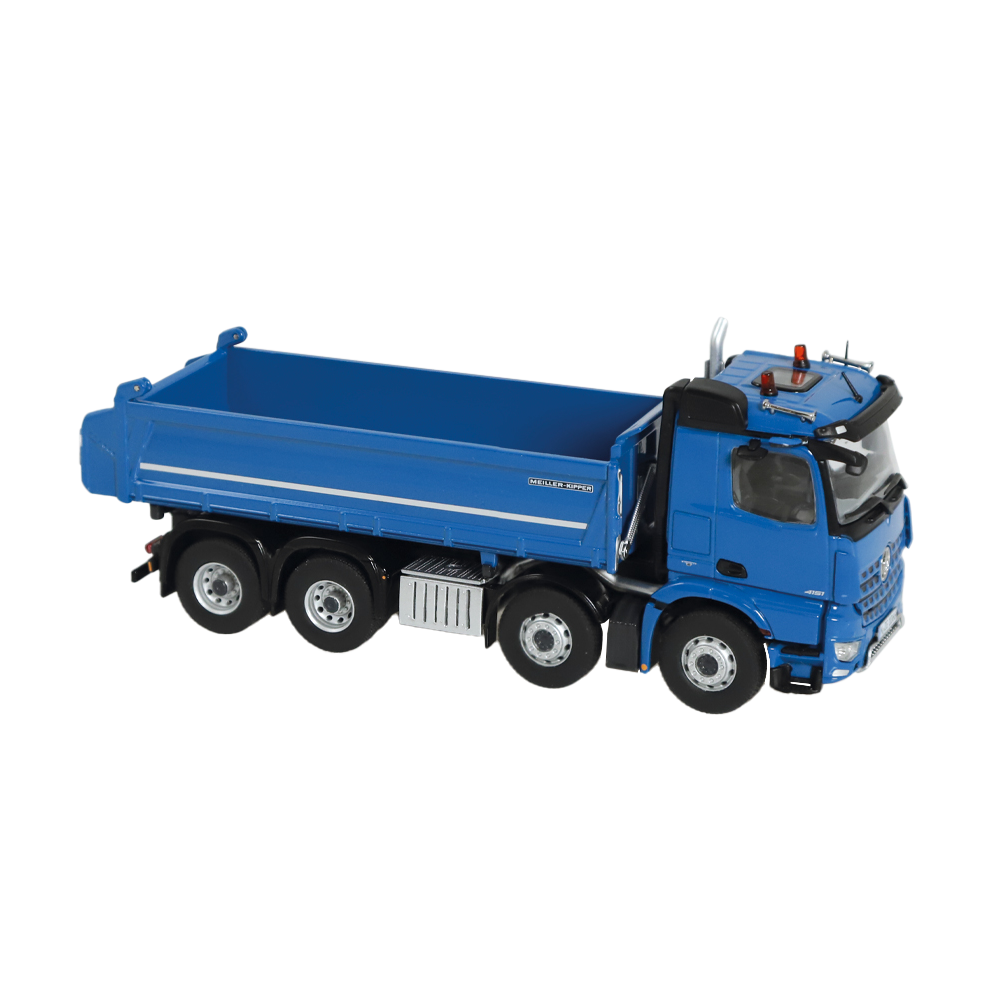 Macheta camion Actros Quadruple Basculabil 8x4, albastru, 1:50