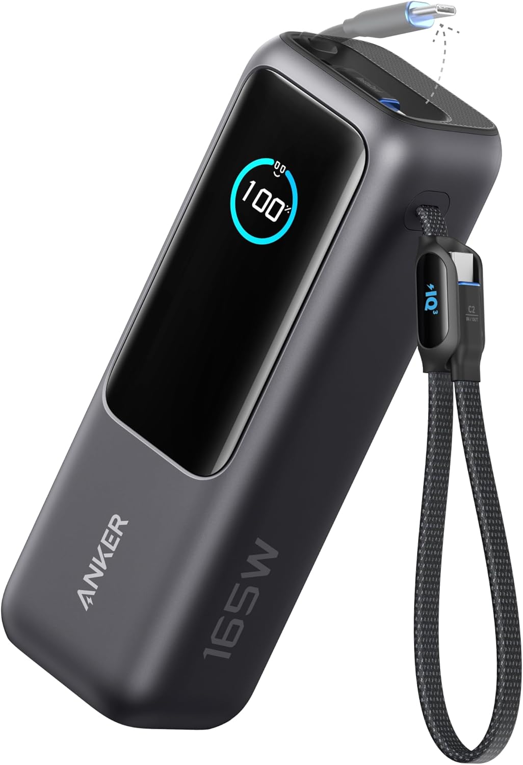 Acumulator extern Anker 25.000 mAh, 165W, 100W USB-C, cablu USB-C retractabil Negru