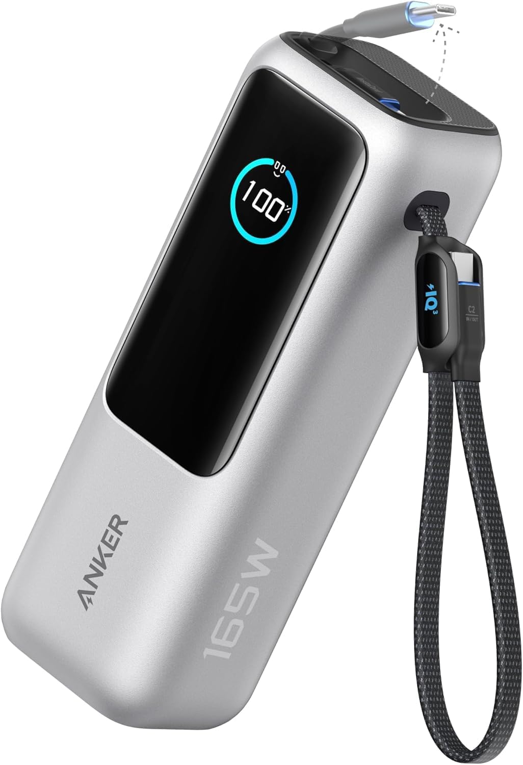 Acumulator extern Anker 25.000 mAh, 165W, 100W USB-C, cablu USB-C retractabil Argintiu