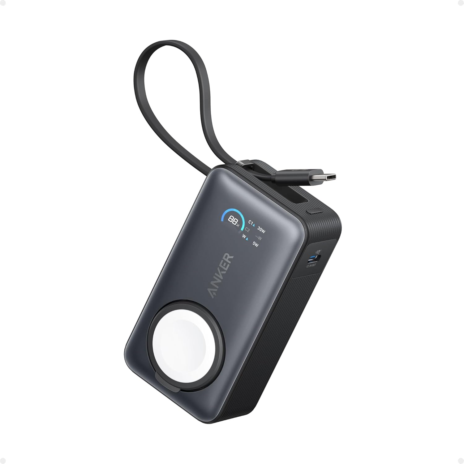 Acumulator extern Anker MagGo Apple Watch, 10000 mAh, Ultra-Slim, Qi2 35W, cablu USB-C incorporat, Negru