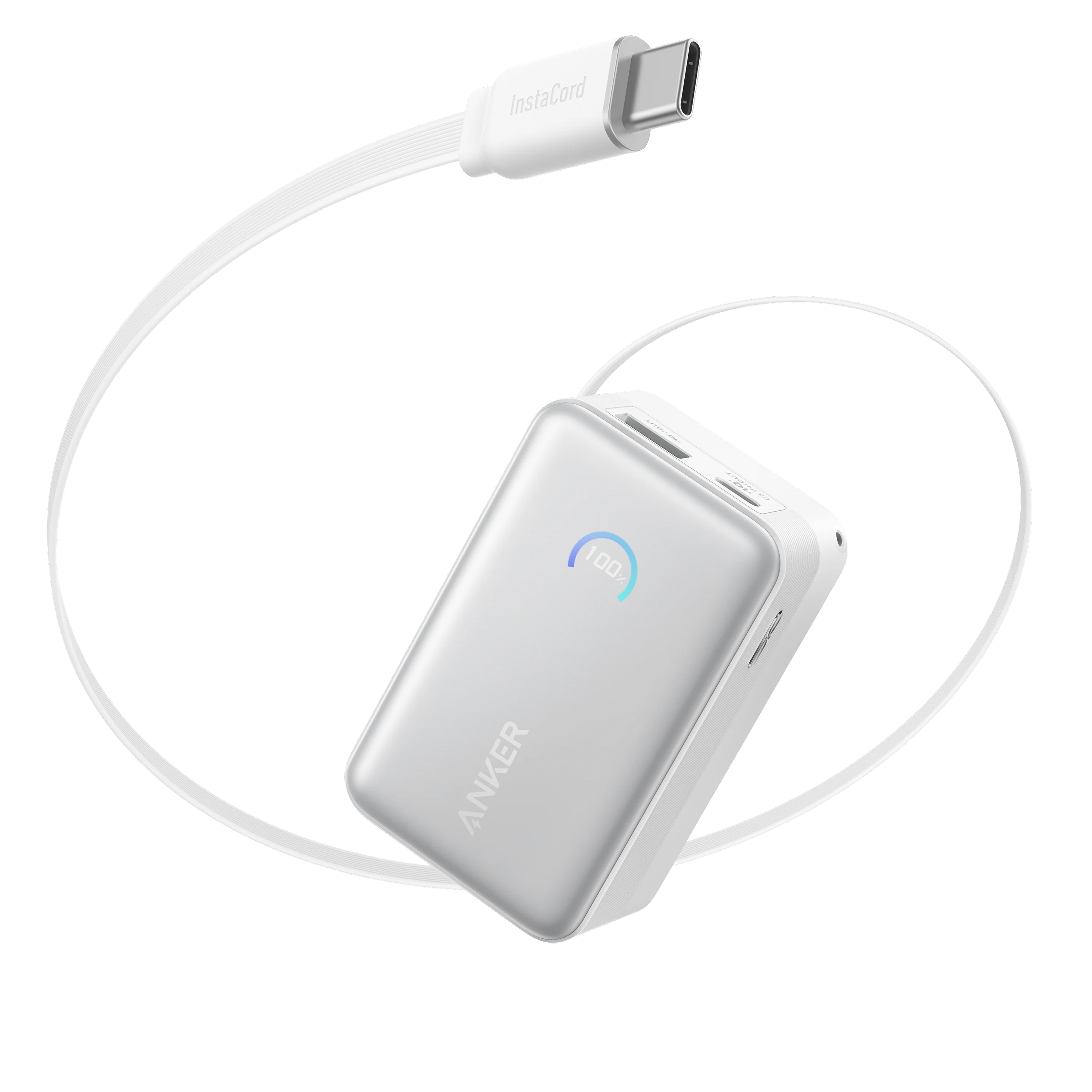 Acumulator extern Anker Nano 10.000 mAh, 45W, cu cablu USB-C InstaCord retractabil, Alb
