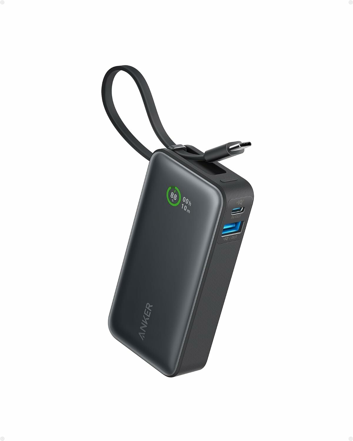 Acumulator extern Anker Nano 545, 10000 mAh, 30W, USB-C, USB-A, cablu USB-C incorporat, Negru