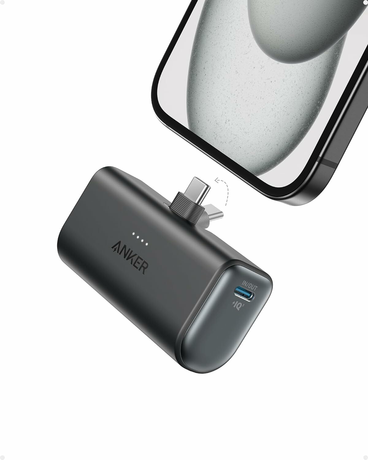 Acumulator extern Anker Nano, conector USB-C incorporat si pliabil, 5000mAh, 22.5W, Negru