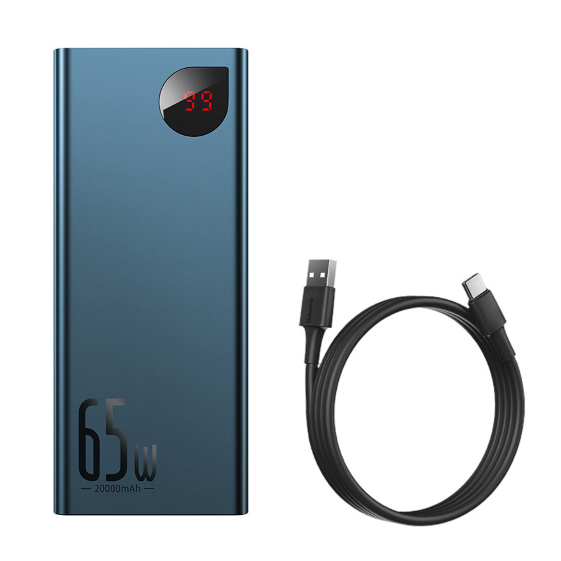 Acumulator extern Baseus Adaman Metal Digital Display QC 20.000mAh, 65W, cu cablu USB la USB-C 0.3m, Albastru
