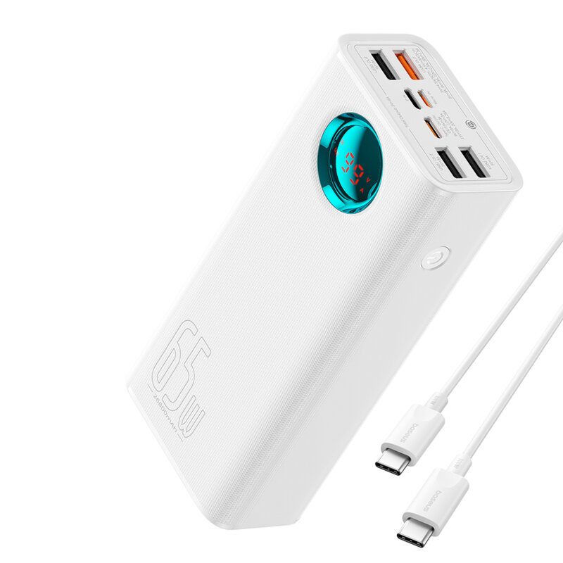 Acumulator extern Baseus Amblight Digital Display, 26.800 mAh, Incarcare rapida, 65W, cablu USB-C la USB-C inclus, Alb