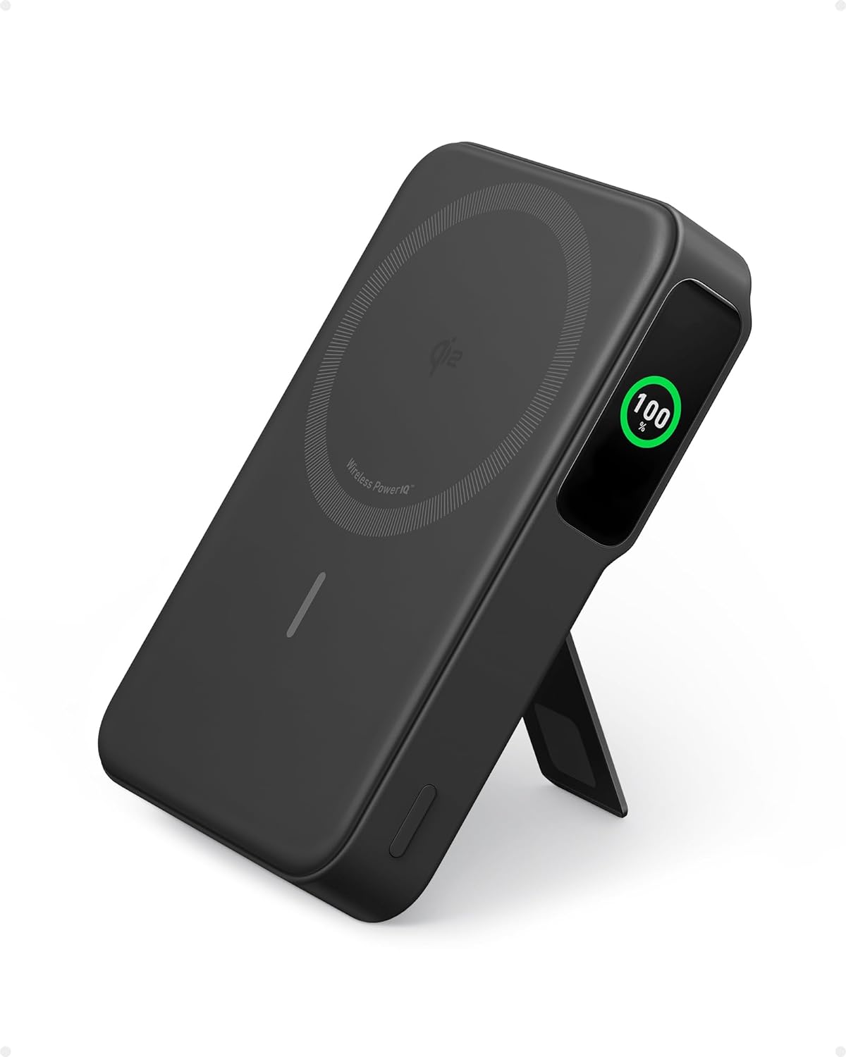 Acumulator extern wireless Anker MagGo, Qi2, 10.000 mAh, 15W, USB-C, Suport Pliabil, Smart Display, pentru iPhone 15/14/13/12 Negru