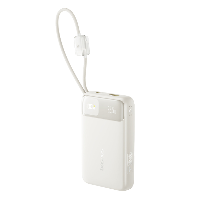Acumulator extern Baseus EnerFill FC11 Digital Display 20.000 mAh, 22.5W, cablu USB-C si Lightning incorporat, Bej