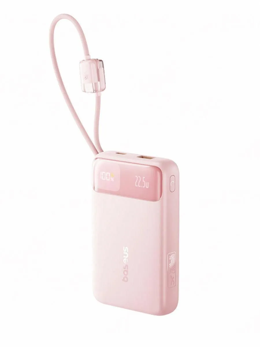 Acumulator extern Baseus EnerFill FC11 Digital Display 20.000 mAh, 22.5W, cablu USB-C si Lightning incorporat, Roz