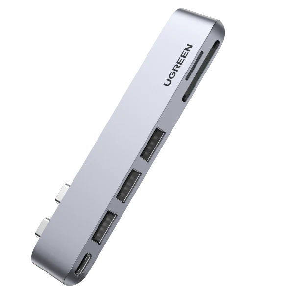 Adaptor Multifunctional UGREEN MacBook Pro/Air, 2x USB-C la 3x USB Type-C SD/TF Card, 100W, 40Gpbs, 4K, Gri
