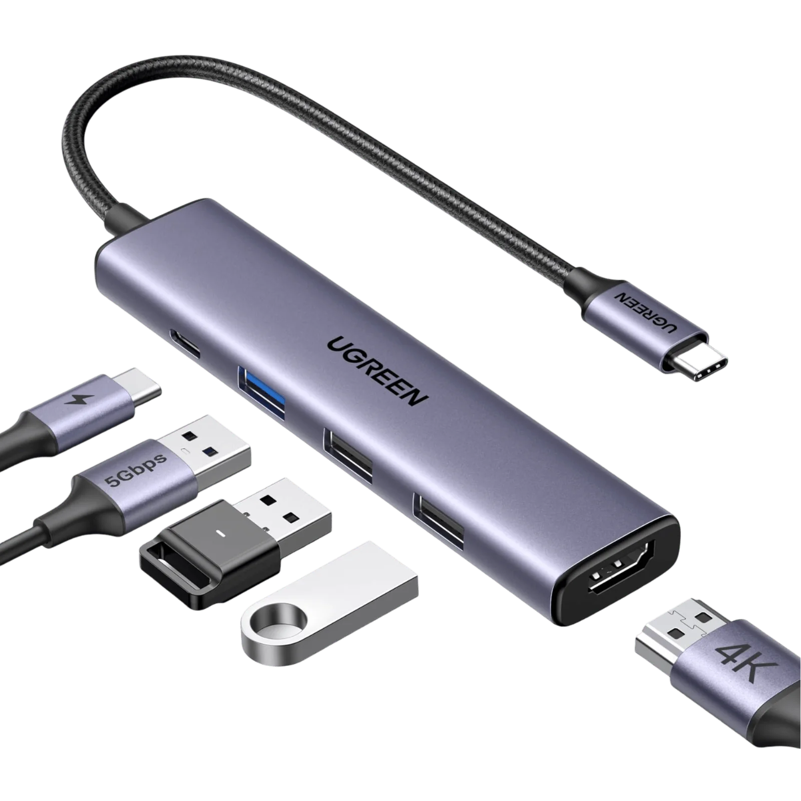 Adaptor multifunctional Ugreen Revodok 5-in-1, USB-C la HDMI, USB-C, USB-A, Gri