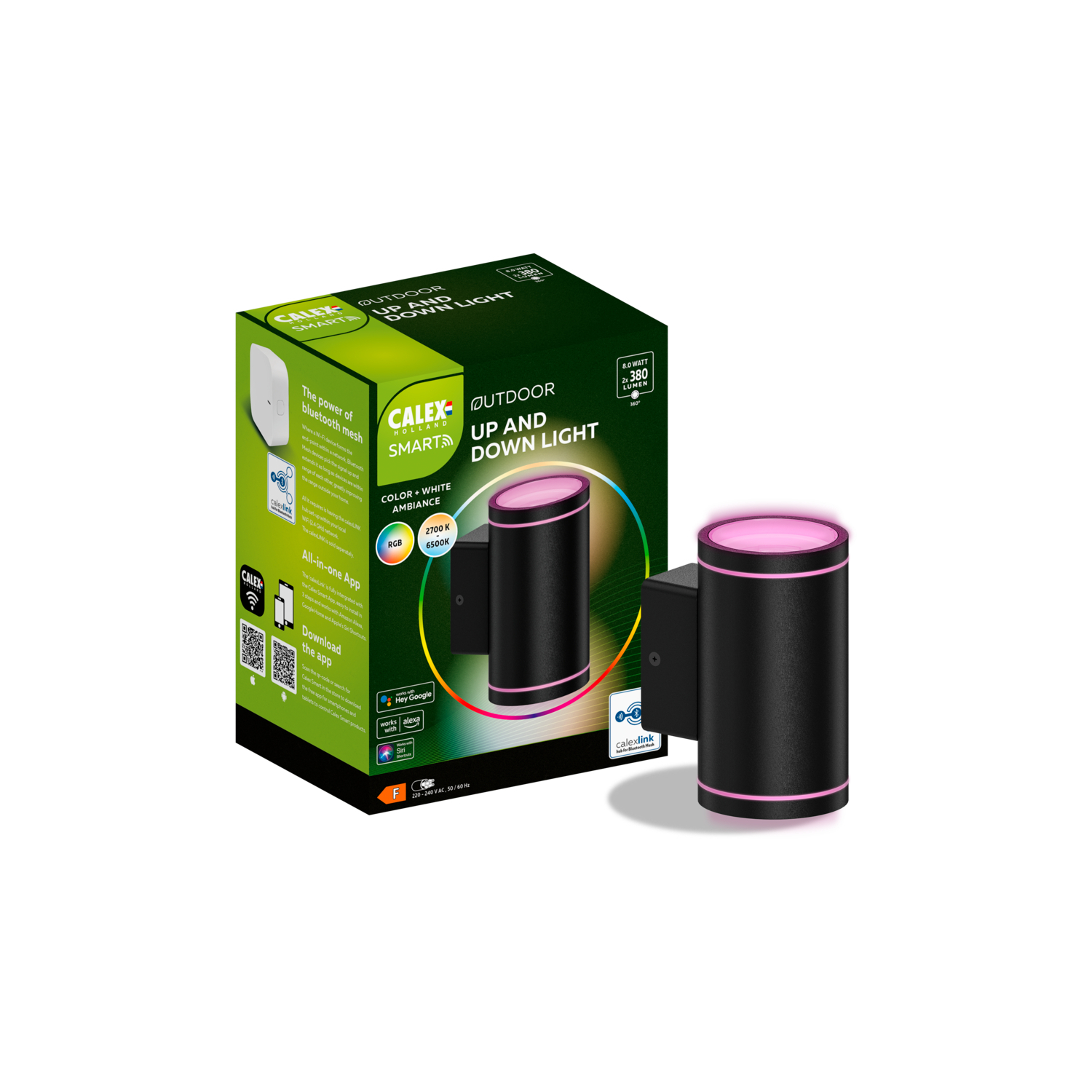 Aplica de perete LED Calex Smart, RGB + alb cald, 4W, IP44, 380 lm, clasa F, Negru
