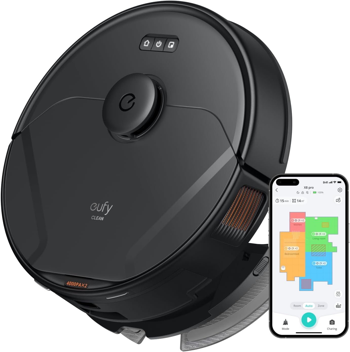 Aspirator robot eufy by Anker, RoboVac X8 Pro, 8000 Pa, iPath Laser Navigation, Wi-Fi, AI.Map 2.0, Tehnologie Twin-Turbine, Negru