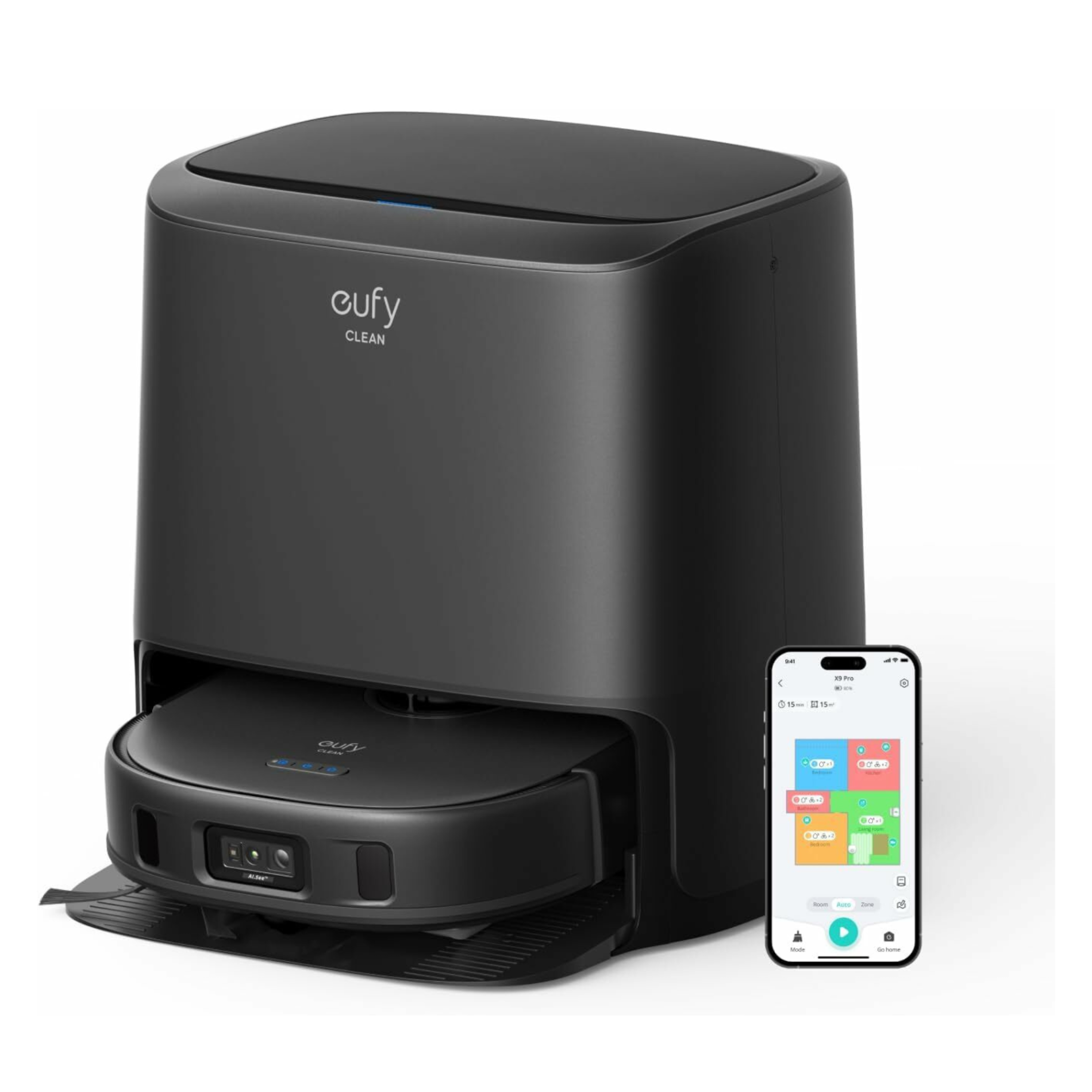 Aspirator robot eufy Clean X9 Pro Vacuum-Mop 2-in-1, Statie inteligenta de curatare automata, iPath Laser Navigation, Wi-Fi, 5500Pa, Negru