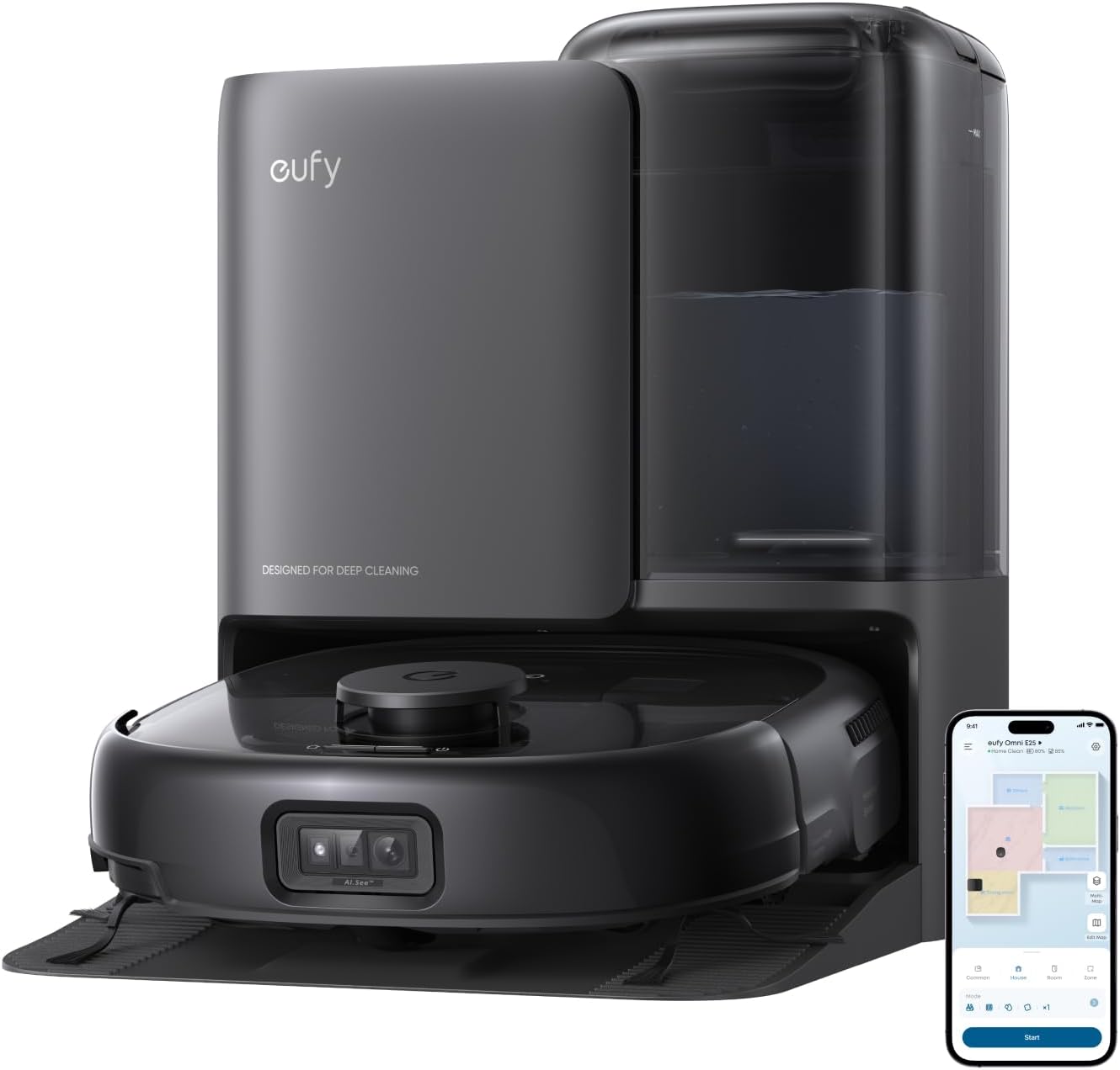 Aspirator robot eufy E25 Omni cu mop, sistem 20,000 Pa, sistem HydroJet, statie All-in-one, Sac de praf de 3L, Rezervor de apa de 2.5L, AI, Control prin aplicatie, Negru