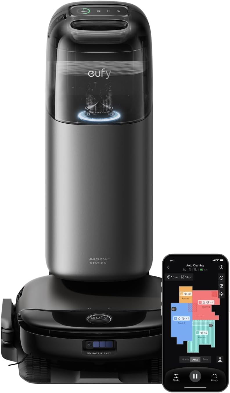 Aspirator robot eufy Robot Vacuum Omni S1 Pro, Statie All-in-One, HydroJet Robot, Aspirator si Mop, 8000 Pa, Negru
